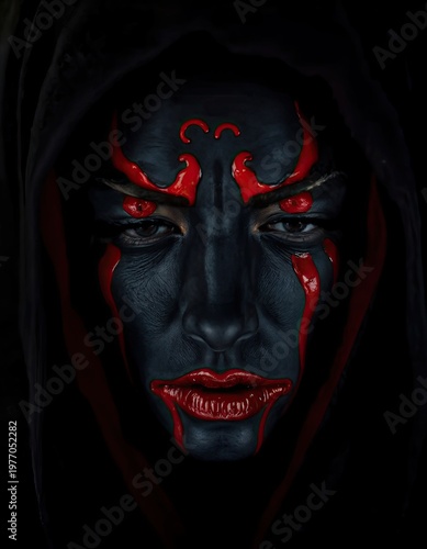 mysterious dark character with striking red face paint and intense gaze, fantasy art, digital portrait, captivating and unique style - AI Generated Digital Art