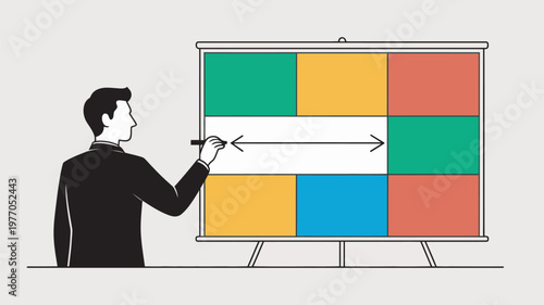 A man in a black suit presenting a colorful project on a whiteboard with a marker in hand.