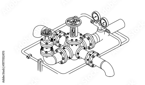 Technical isometric pipeline vector with gate valve pressure gauges and flanges for engineering design