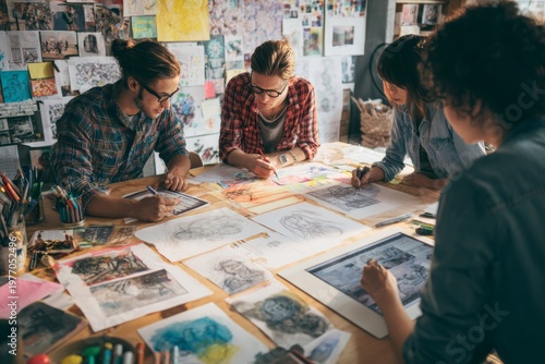 Design job. Artists and designers sketching characters, environments, and storyboards on tablets, smart boards, and paper, surrounded by colorful concept art pinned to walls.