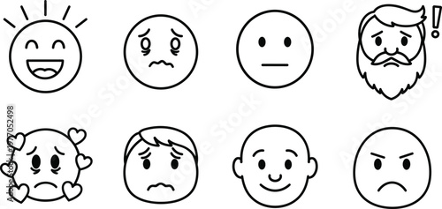 Emotions faces icons set with happy sad neutral angry expressions line art cartoon vector illustration