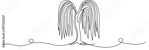 Willow tree drooping branches over flowing continuous line, none editable strokes