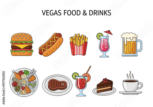 Set of various food and drink icons, including burgers, hot dogs, fries, cocktails, beer, steak, cake, and coffee, symbolizing a culinary experience
