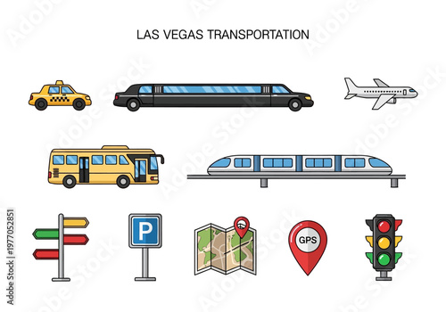 Collection of Las Vegas transportation icons taxi, limousine, airplane, bus, monorail, traffic signals, parking, map, GPS, and traffic light