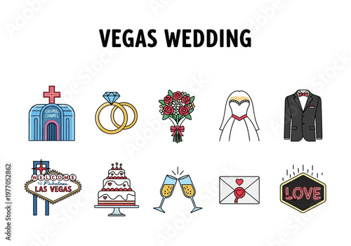 Iconographic collection of wedding elements and Vegas themes for celebratory events and marriage ceremonies