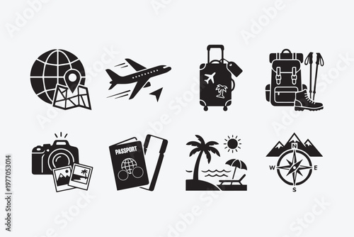 Travel and Tourism Icons Set - Minimalist Black and White Vector Illustrations
