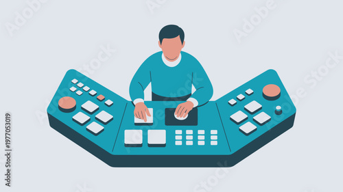 A man operating a large control panel with multiple buttons and switches in a studio or industrial setting.