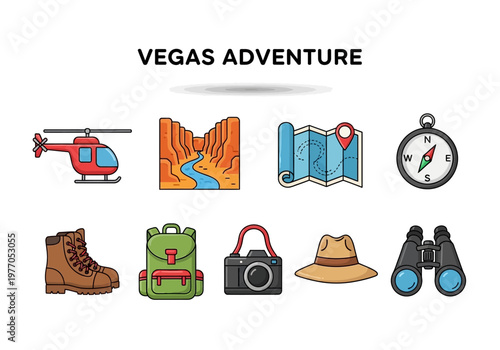 Vegas Adventure Icon Set Featuring Helicopter, Canyon, Map, Compass, Boots, Backpack, Camera, Hat, and Binoculars