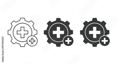 Set of three gear icons with plus symbols indicating addition, new item, or medical service options