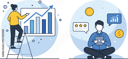 Business growth and financial success concept with charts ratings and investment icons representing analytics performance and revenue increase illustration.eps