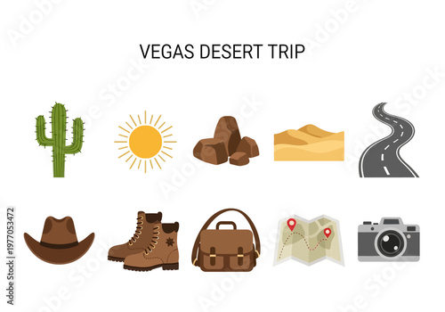 Illustrations of items and elements associated with a desert trip to Vegas, showcasing travel and adventure essentials and scenery