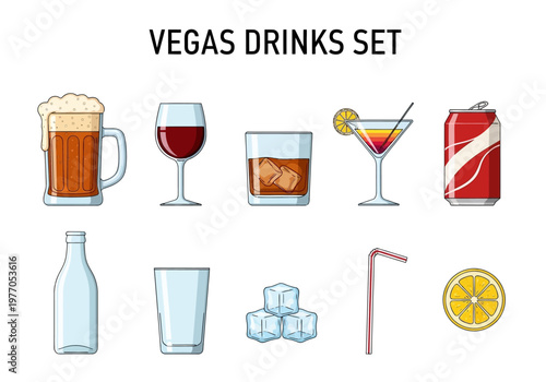VEGAS DRINKS SET A collection of popular beverages and bar accessories, perfect for graphic design and hospitality themes