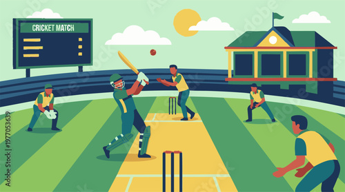 Cricket match illustration with players, field, stadium, and scoreboard