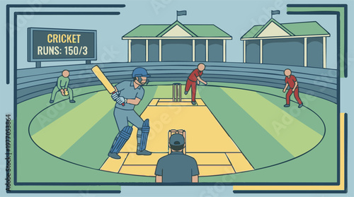 Cricket match in a stadium with players and scoreboard, flat vector illustration