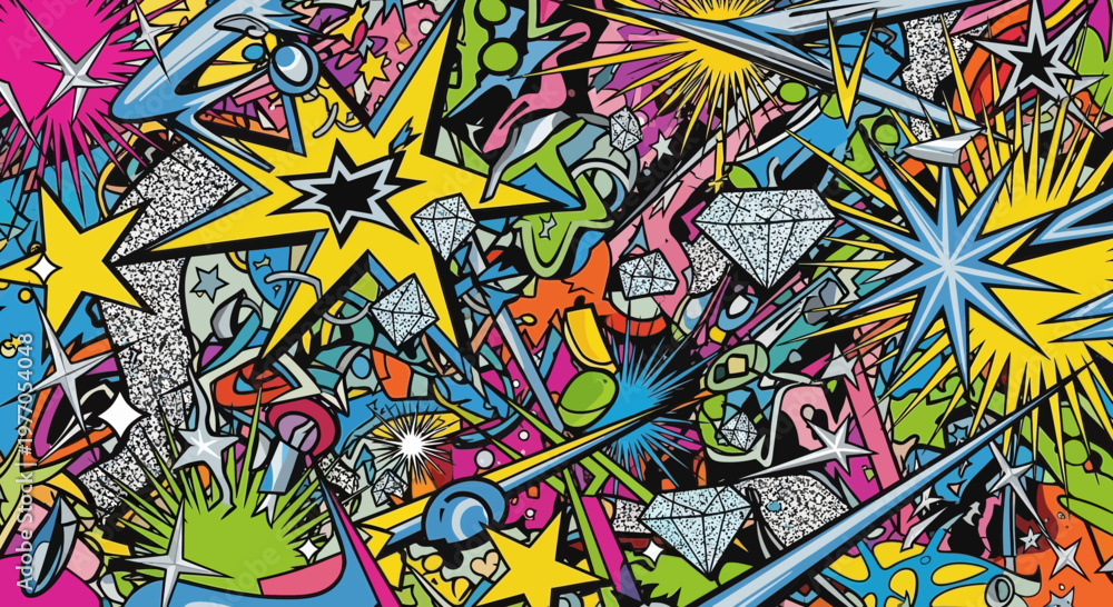 Fototapeta premium Explosion of Colors and Shapes: Stars, Diamonds, and Abstract Art