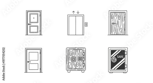 Collection of Doors and Safes Icons: Entrance, Elevator, Wooden, Vault, Security