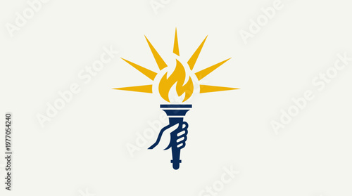 Hand Holding Flaming Torch with Sunburst - Symbol of Enlightenment and Hope