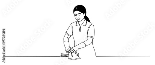 woman cleaning with brush line icon vector illustration