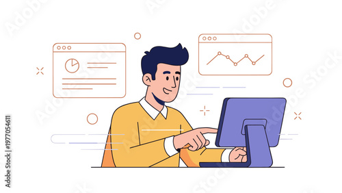 Young caucasian male analyzing data on computer with graphs and charts