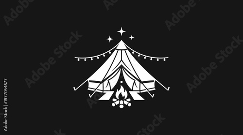 Cozy Camping Scene Icon Tent Campfire and Starry Sky