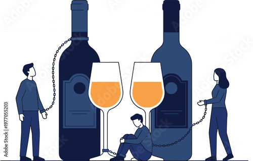Concept illustration of alcohol addiction with people chained to wine bottles representing dependency mental health struggle and substance abuse awareness.eps