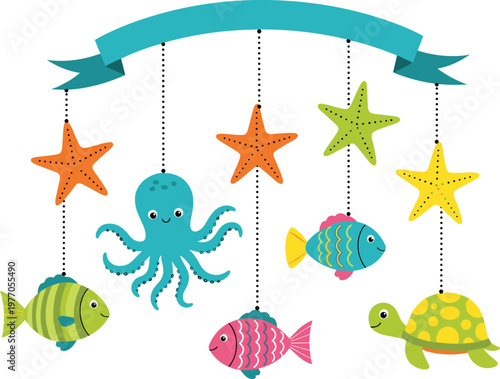 Nautical baby mobile vector illustration featuring a blue ribbon banner with hanging sea creatures including a cute octopus turtle colorful fish and starfish for nursery decor.