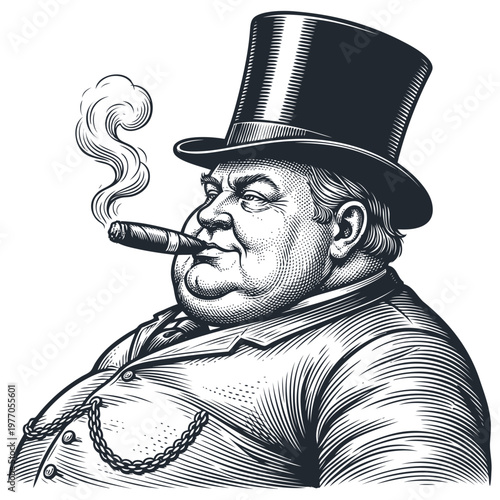 Vector illustration of a wealthy, portly man in a top hat smoking a cigar. Vintage engraving style portrait of a classic capitalist character.