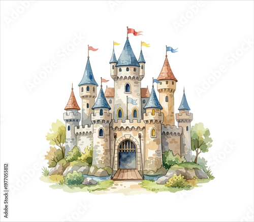 Beautiful medieval fantasy castle with towers and flags on white background