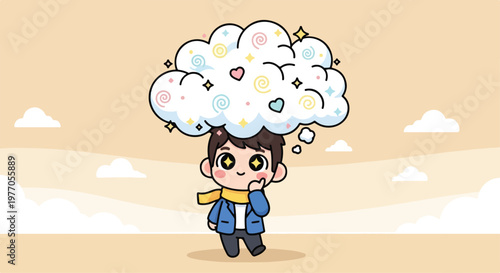 Cute cartoon boy with a yellow scarf thinking with a colorful thought bubble filled with hearts and stars above his head