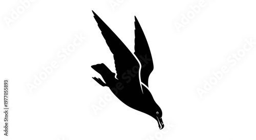 Minimalist black silhouette of a bird diving in flight