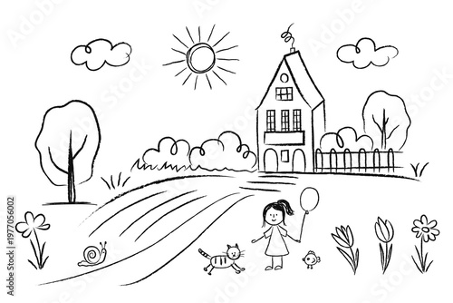 Hand drawn countryside doodle illustration in black and white. Simple rural landscape with house, children, trees and flowers, perfect for coloring page, kids design and educational use.
