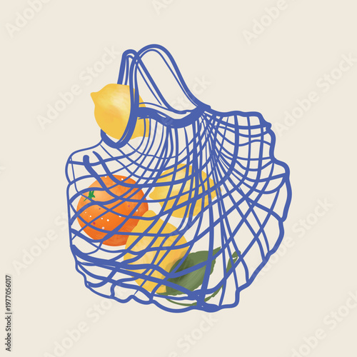 Reusable shopping mesh bag with organic oranges. Vector illustration in flat doodles style.