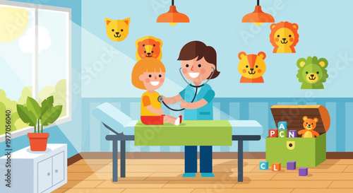 Pediatrician examining happy child with stethoscope in friendly clinic room