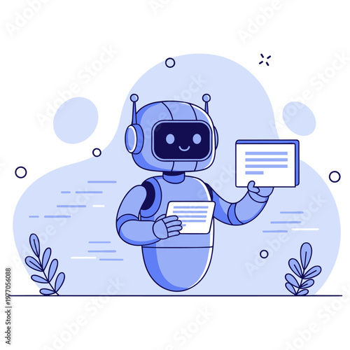 Cute robot reading articles in a minimalist blue background