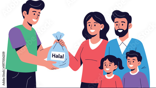 a man handing a halal food bag to a smiling woman