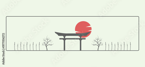Japanese scene with torii gate sun swords trees