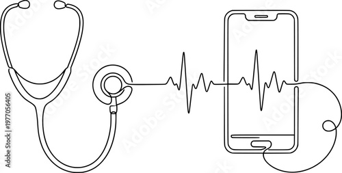 One Line Art of Stethoscope and Smartphone - Telemedicine and Digital Healthcare Concept