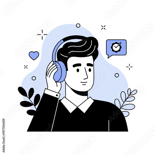 Young caucasian male listening to music on headphones with thoughtful expression