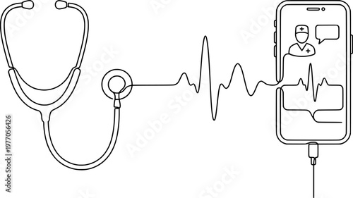 One Line Art of Stethoscope and Smartphone - Telemedicine and Digital Healthcare Concept