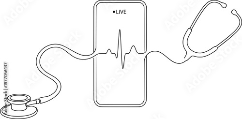 One Line Art of Stethoscope and Smartphone - Telemedicine and Digital Healthcare Concept
