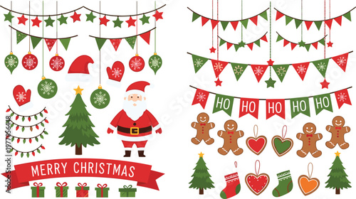 Merry Christmas Illustration with Santa, Christmas Tree, Ornaments, Gingerbread Cookies, and Holiday Decorations for Festive Cards and Gifts