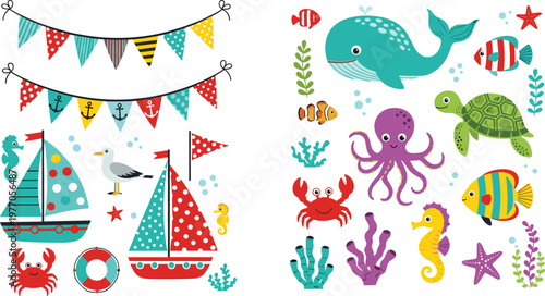 Nautical vector element set featuring sailing boats, cute whale, octopus, sea turtle, crab, seahorse, colorful fish, starfish, coral reef, anchors, and hanging bunting flags for children  adventures.