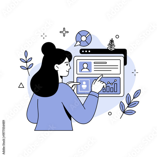 Young caucasian female analyzing data on a digital interface