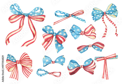 American flag bow watercolor set illustration, red white blue ribbon star and stripes design, 4th of July Independence Day celebration decor.
