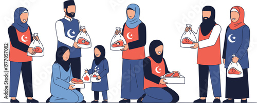 A diverse group of people holding bags of food