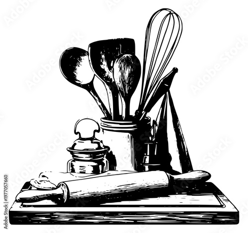 Kitchen utensils still life illustration