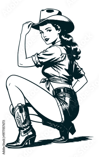 Squatting cowgirl pin up vector