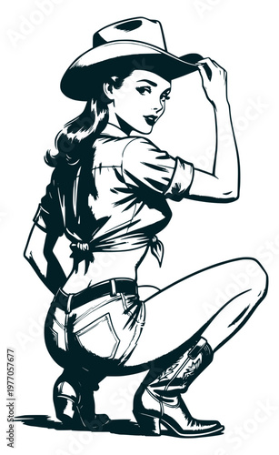 Squatting cowgirl pin up illustration