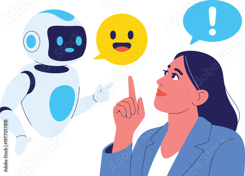 Woman contemplates interaction with a futuristic robot assistant
