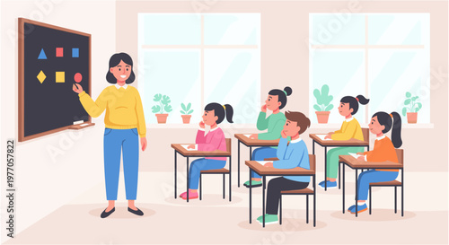 Teacher explaining shapes on blackboard to diverse students in colorful classroom setting with natural lighting for education